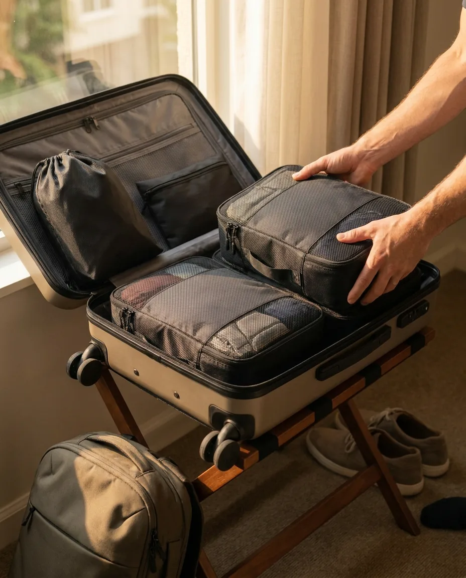 Packing cubes visible in open luggage during hotel unpacking