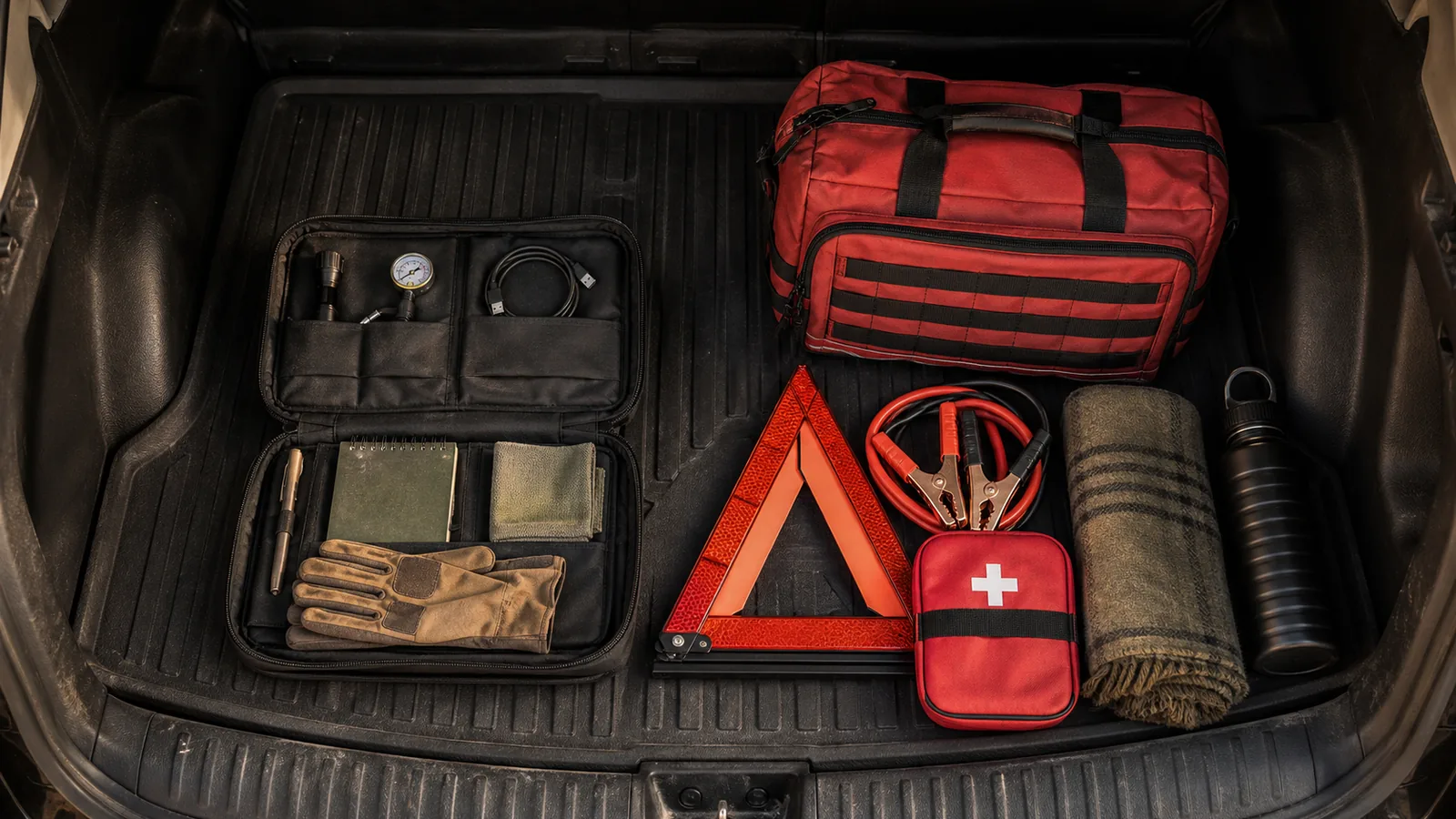 Small black vehicle EDC organizer with flashlight, tire gauge, cable, pen, notebook, cloth, and gloves beside a separate red emergency bag with warning triangle, jumper cables, first-aid case, blanket, and water
