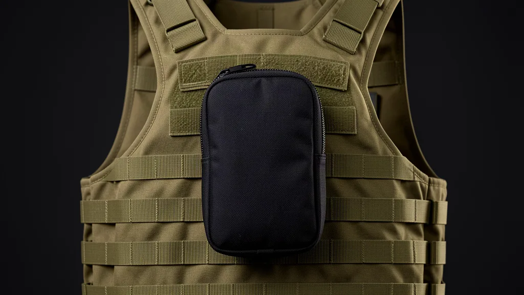 Black zippered MOLLE organizer pouch mounted on olive PALS vest webbing