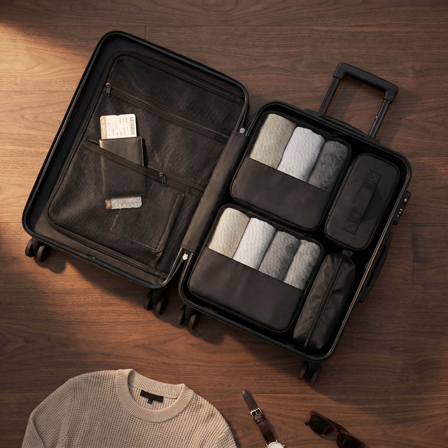 CobaltNook packing cubes stacked inside open luggage