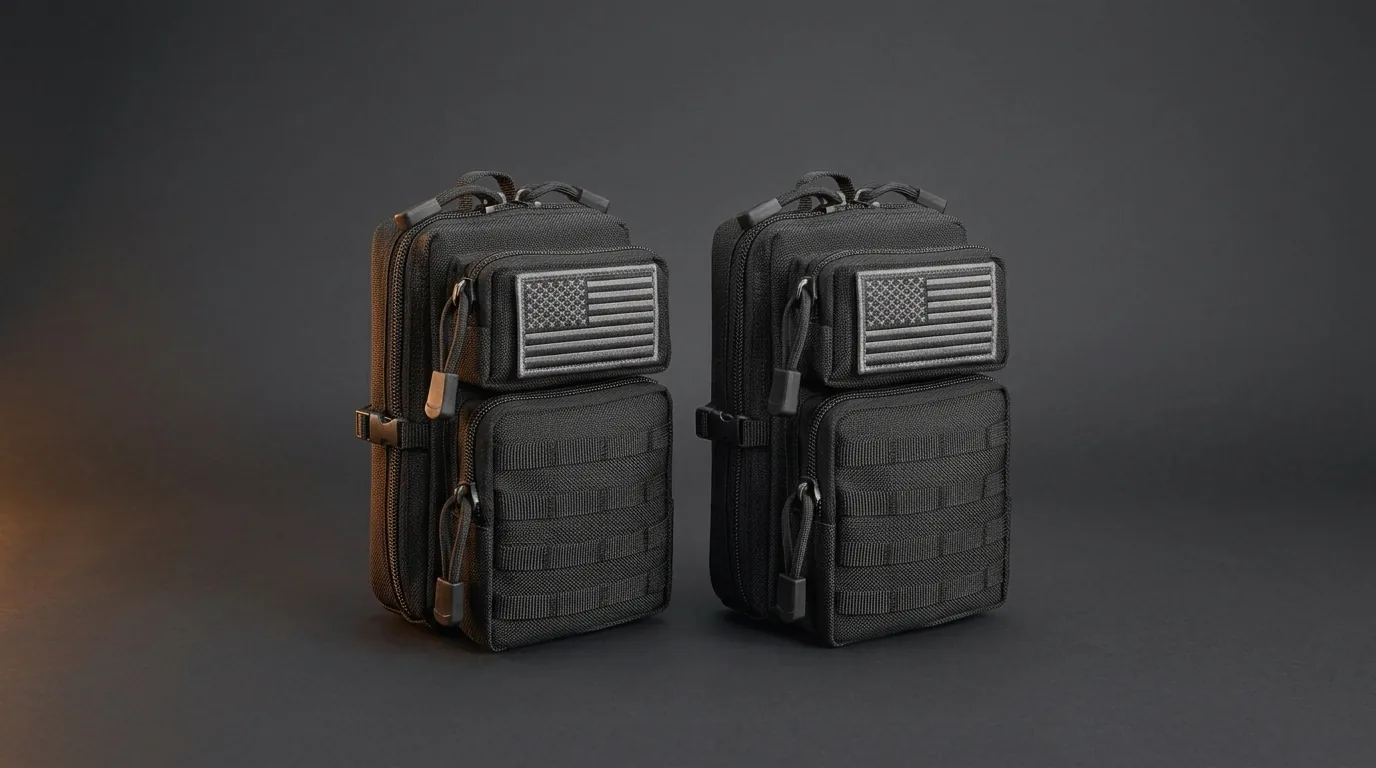 Two black tactical EDC organizer pouches with zip compartments and front MOLLE webbing