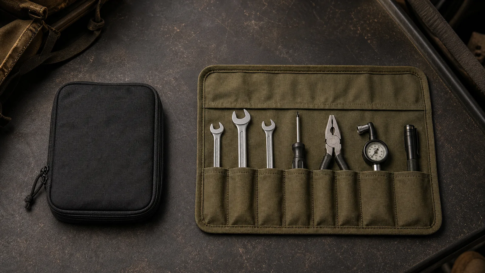Generic black zippered EDC pouch beside an open olive canvas tool roll holding compact hand tools