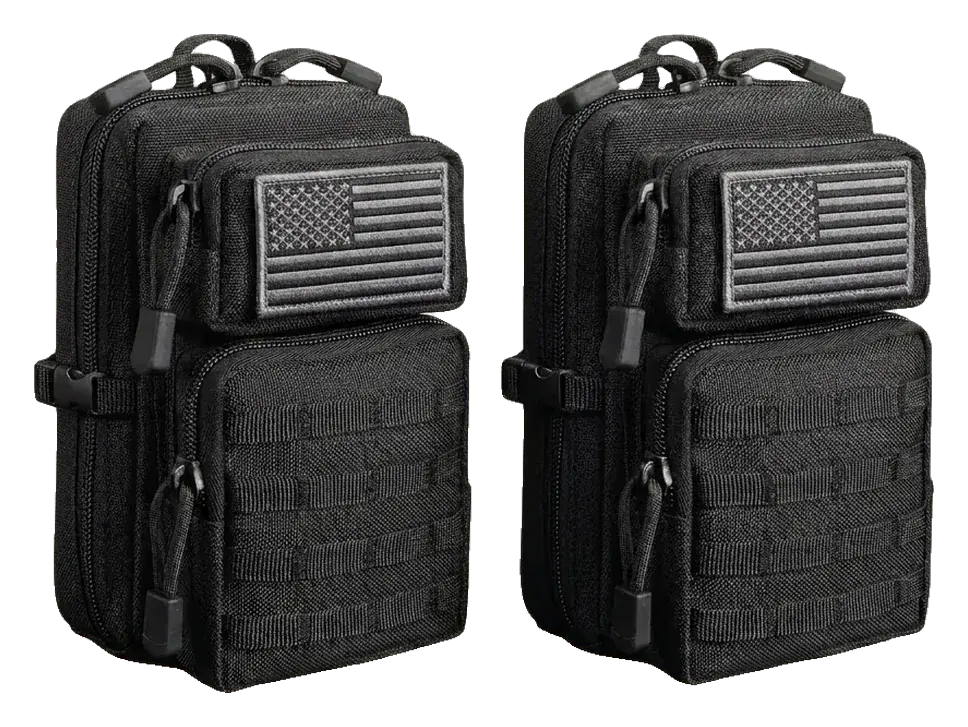 Two black CobaltNook MOLLE organizer pouches with US flag patches