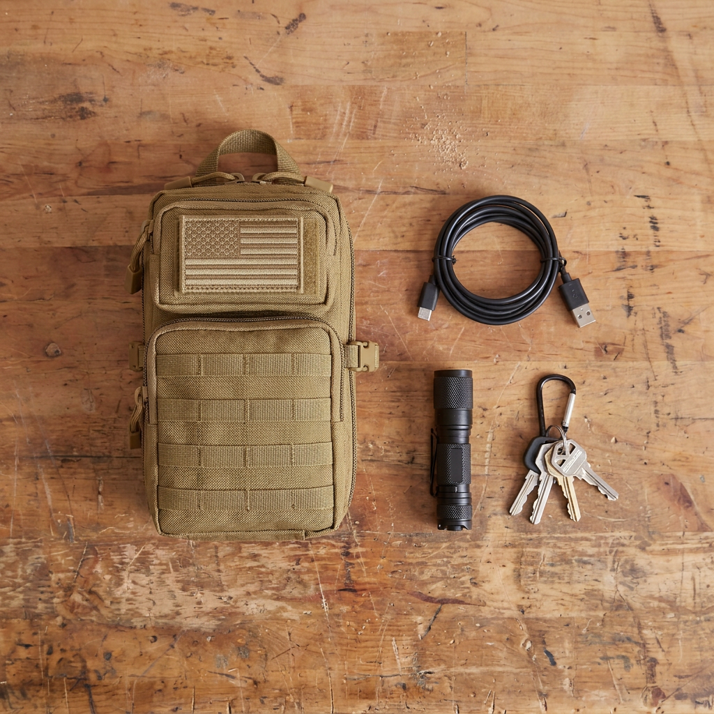 Closed khaki CobaltNook organizer beside a coiled cable, keys, and compact flashlight — scale for a real small kit.