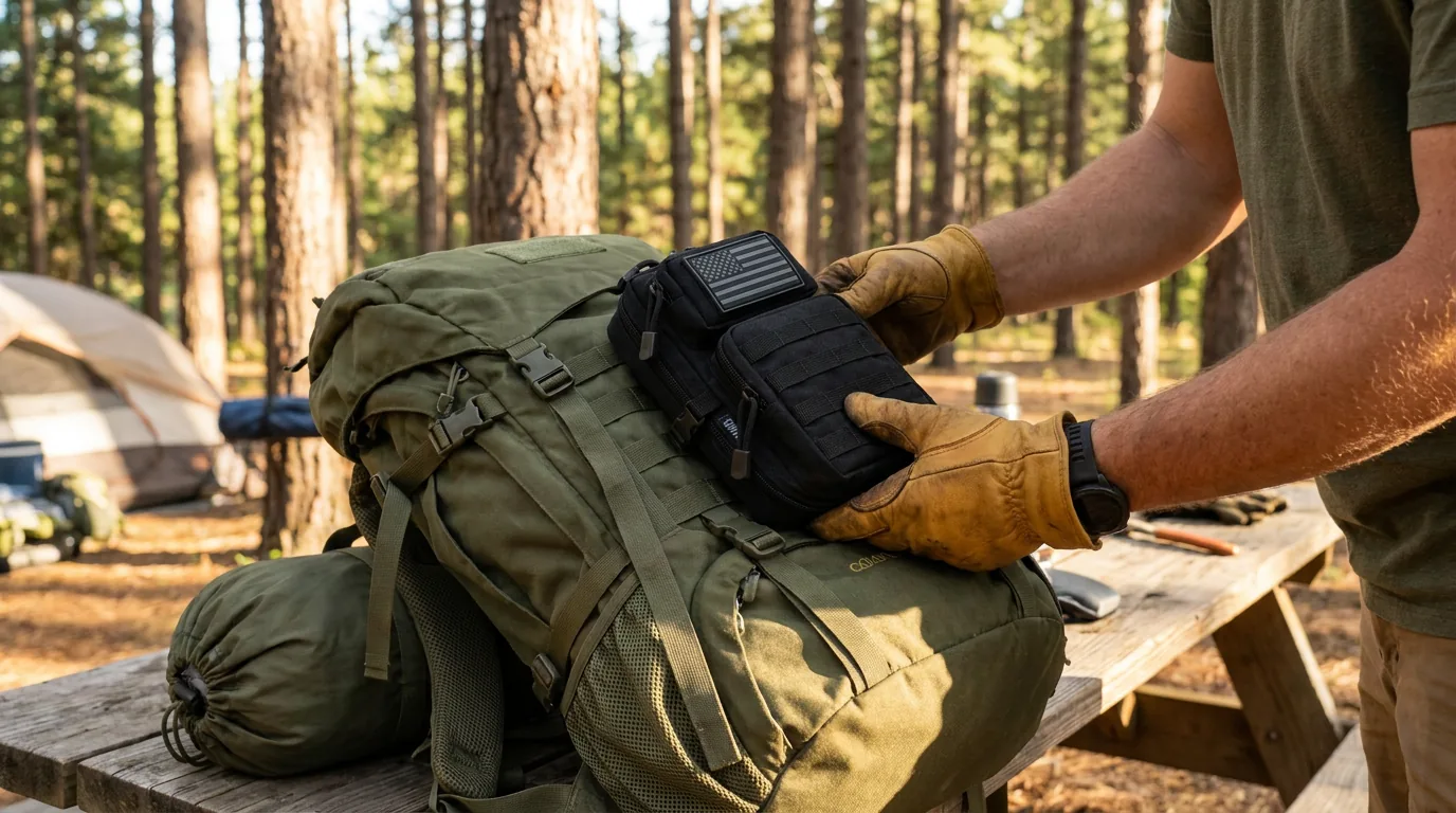 Tactical MOLLE pouch being attached to a backpack for everyday carry