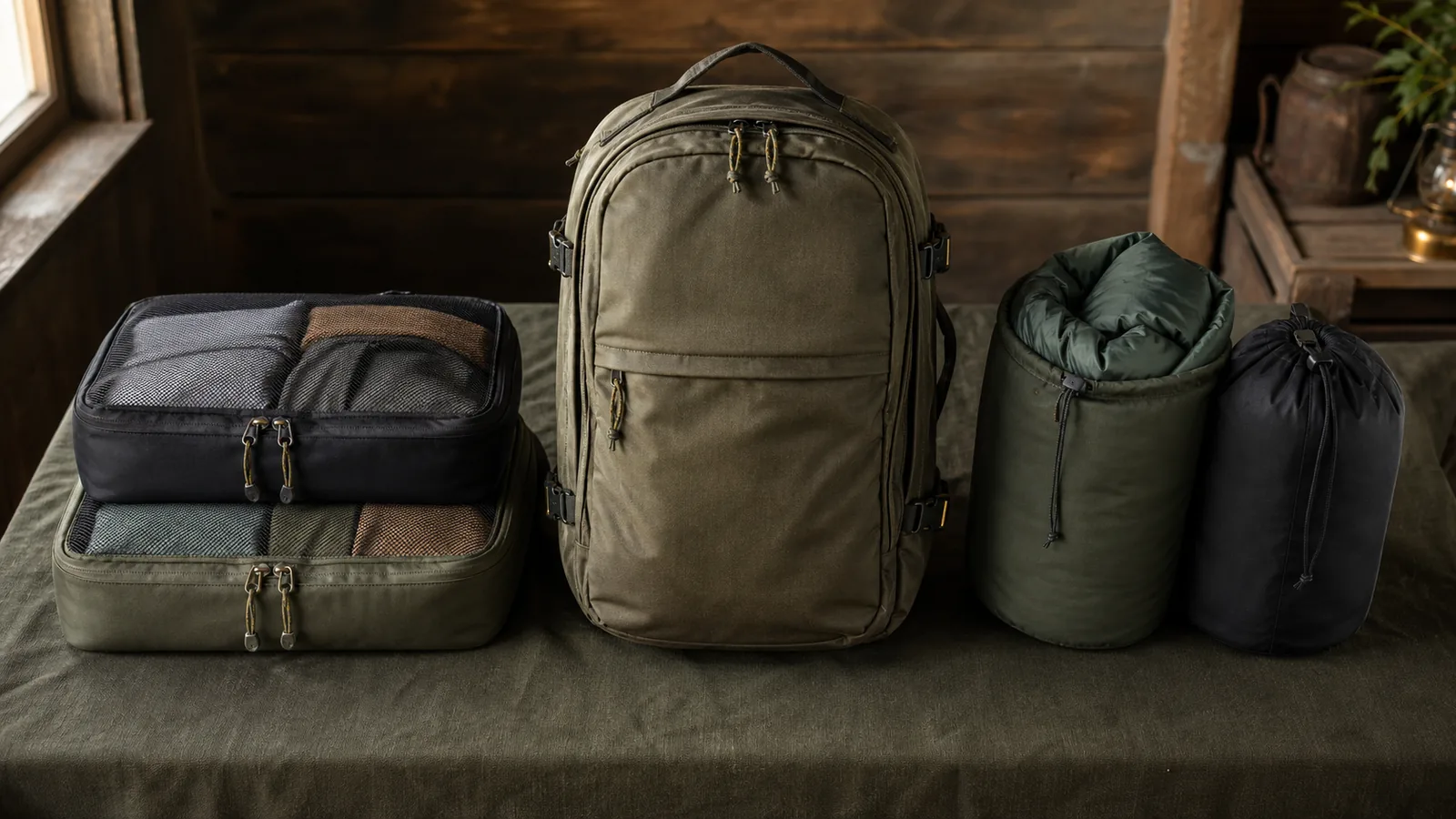 Black and olive packing cubes beside soft drawstring stuff sacks and a travel backpack