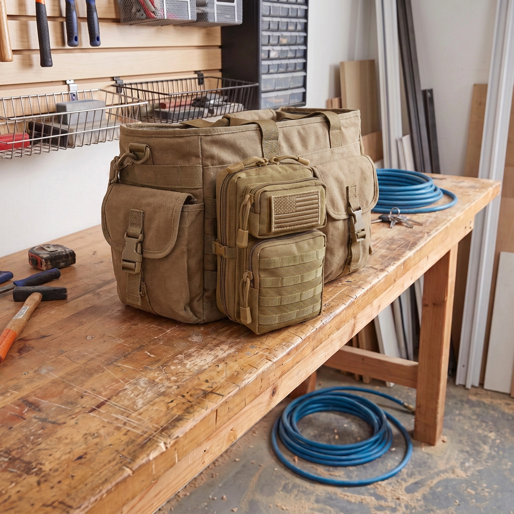 Compact khaki CobaltNook organizer MOLLE-mounted on a work bag — stays small EDC scale vs the host bag. Flag upper; empty MOLLE lower.