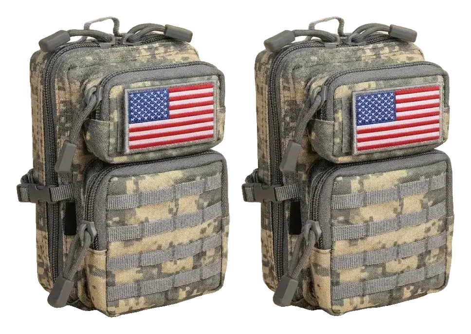 Two ACU camo CobaltNook MOLLE organizer pouches with US flag patches