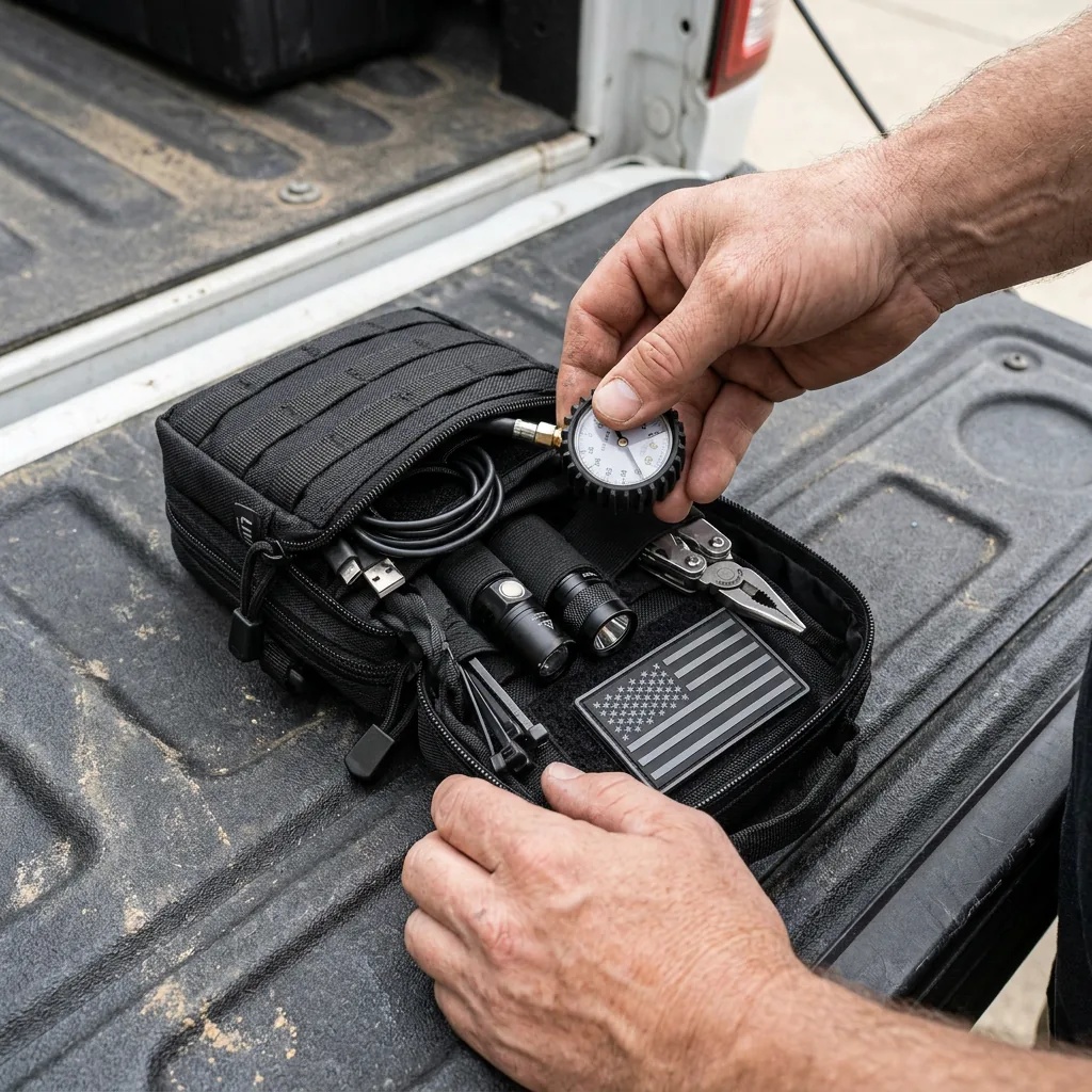 Open tactical EDC pouch organized with small travel essentials and cables