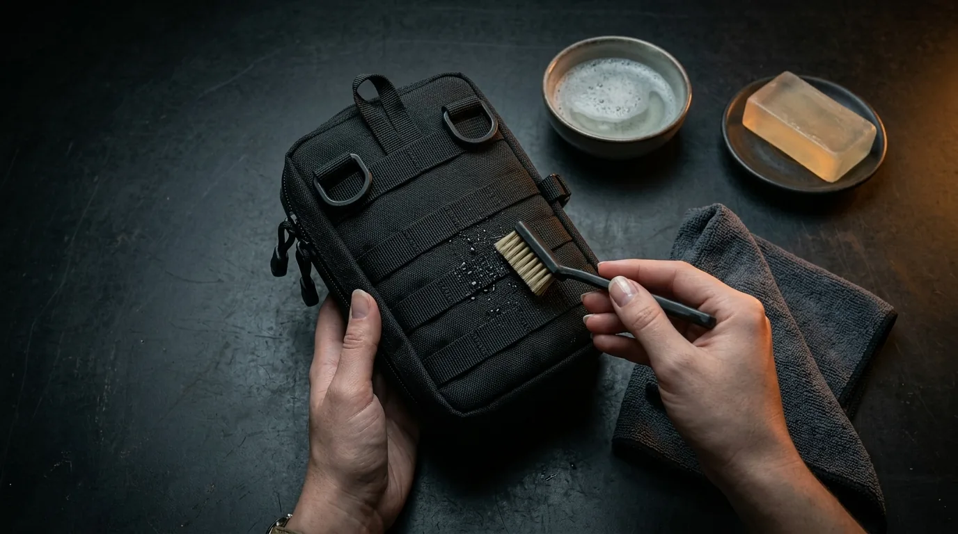 Black tactical MOLLE organizer pouch beside a soft brush, clean-water bowl, and folded microfiber cloth