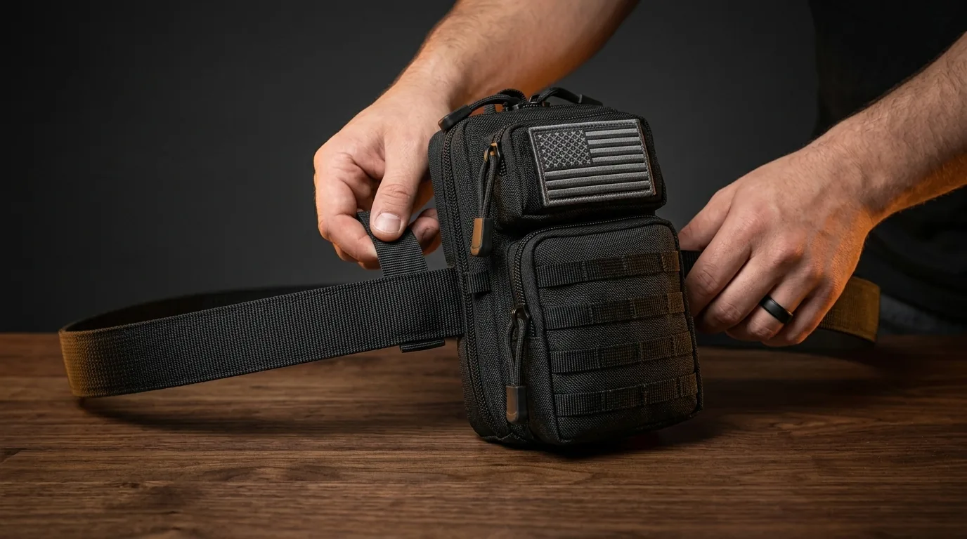 CobaltNook black MOLLE organizer pouch beside a clear diagram of an attachment strap woven through belt webbing