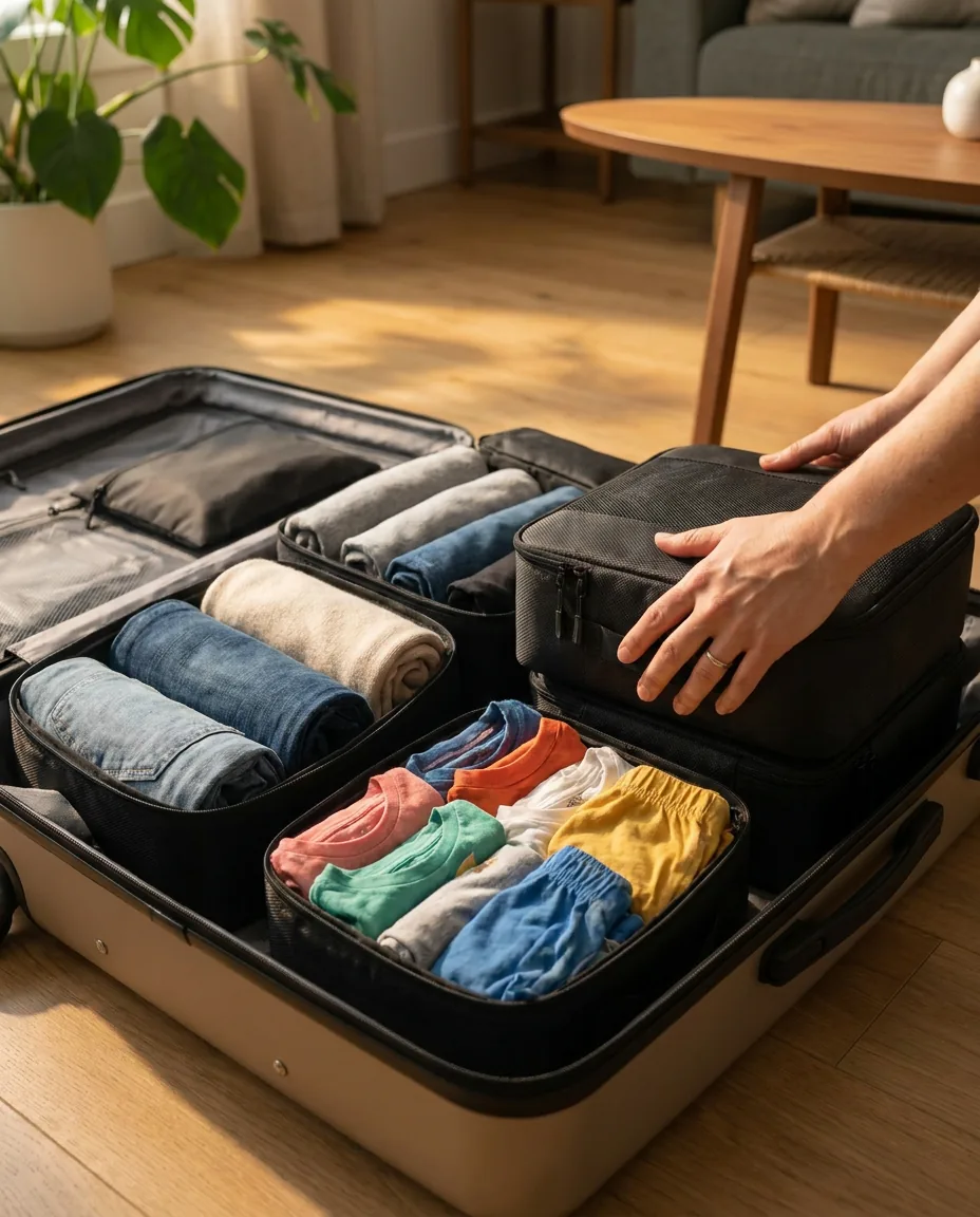 Family suitcase organized with separate CobaltNook packing cubes for adults and kids