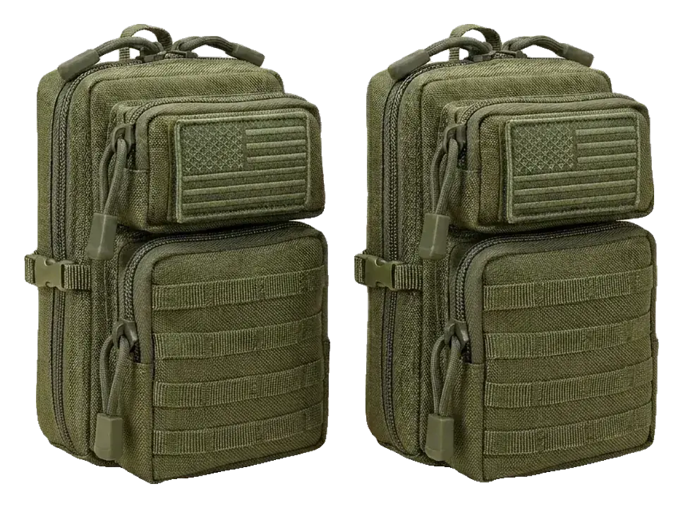 Two green CobaltNook MOLLE organizer pouches with US flag patches