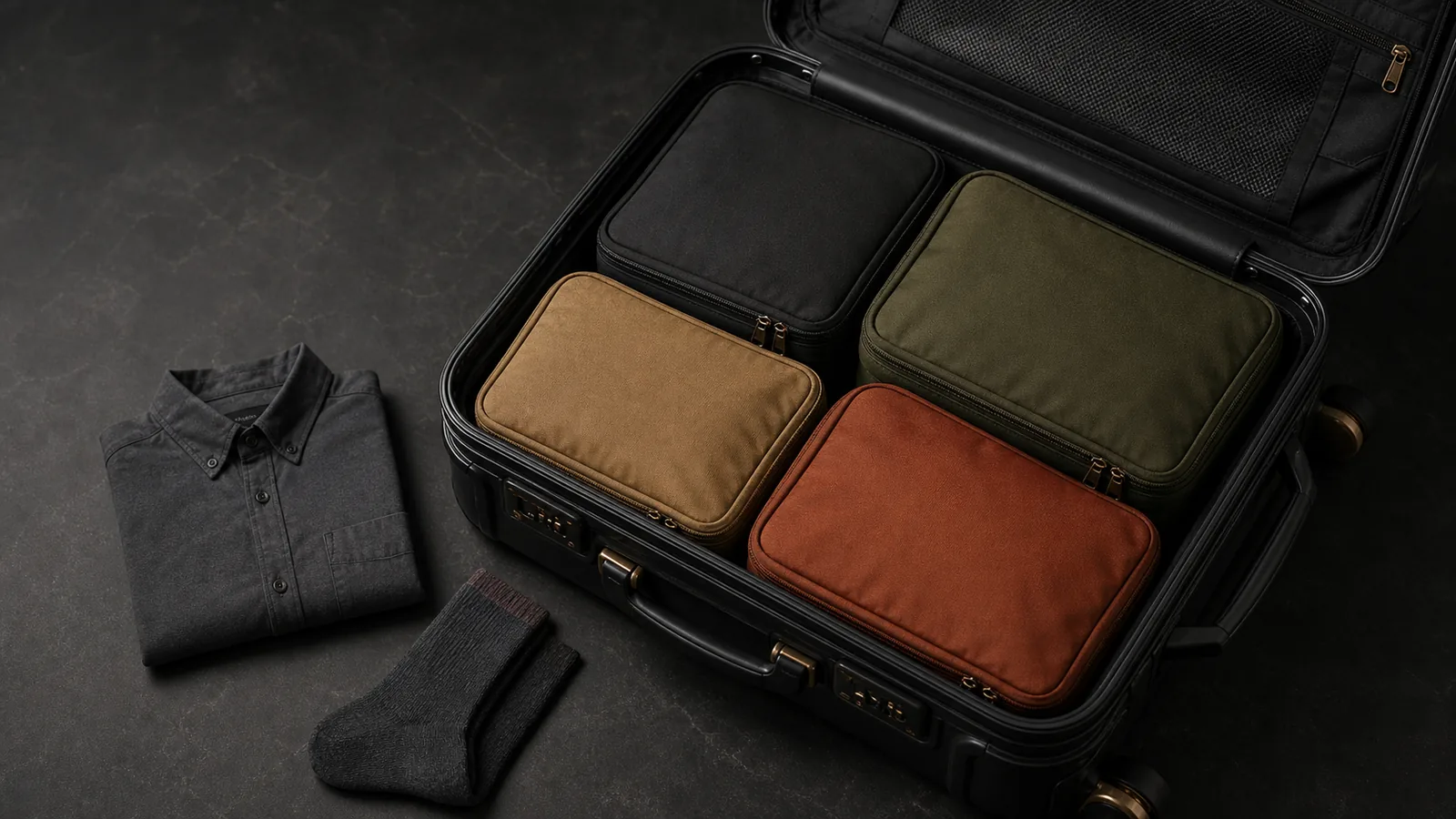 Open black carry-on packed with four unbranded fabric packing cubes in black, olive, tan, and rust
