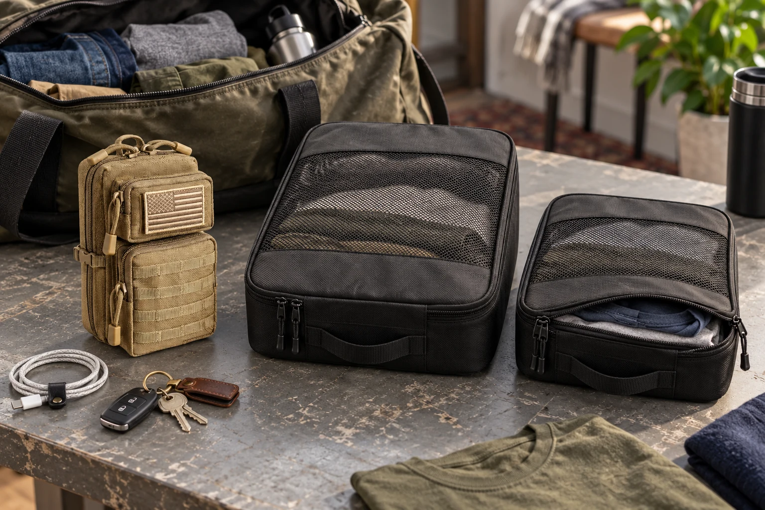 Khaki CobaltNook pouch beside mesh packing cubes on a worktable