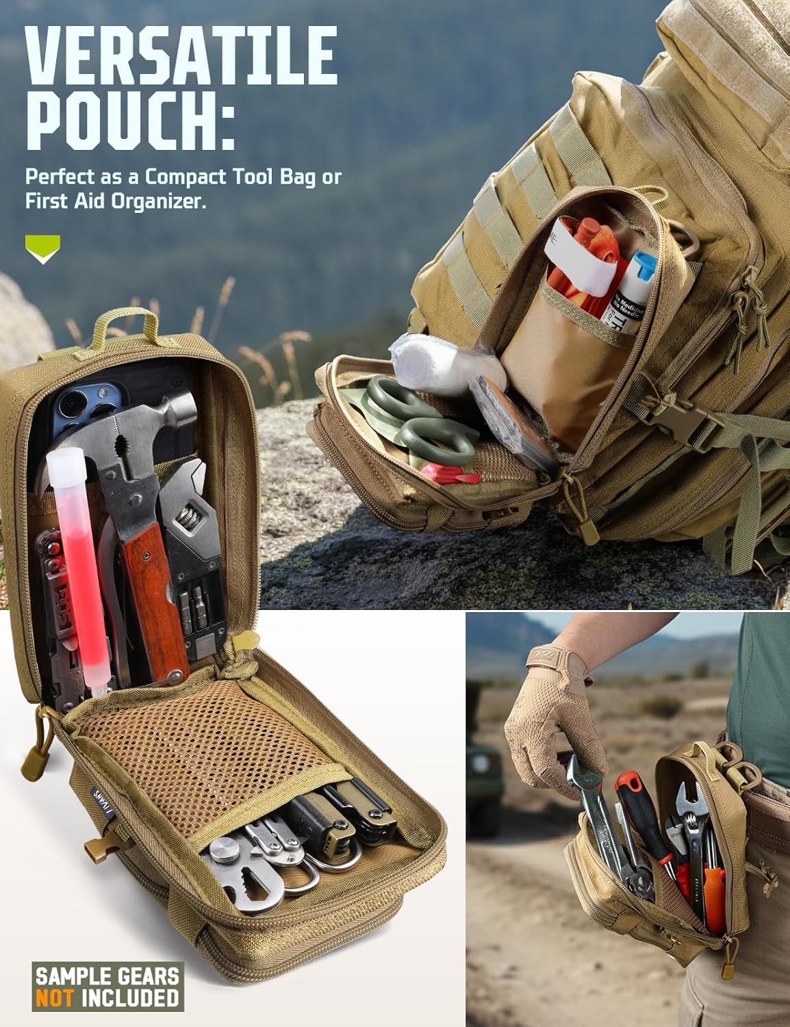 Khaki MOLLE pouch shown open with tools and first aid supplies as sample gear