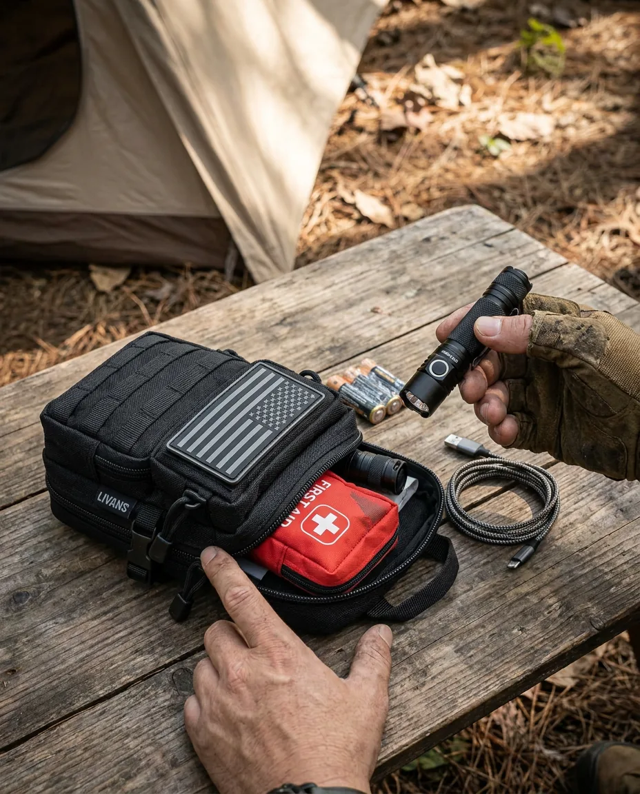 Tactical pouch arranged with camping and travel small essentials