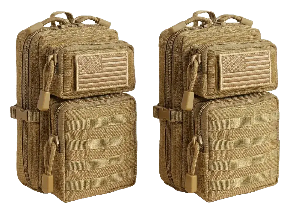 Two khaki CobaltNook MOLLE organizer pouches with US flag patches