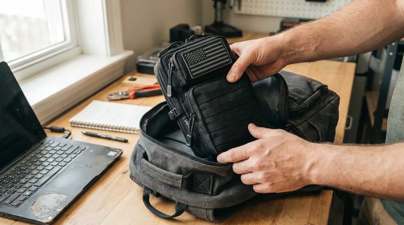 Worker placing a CobaltNook tactical EDC pouch beside an open work backpack