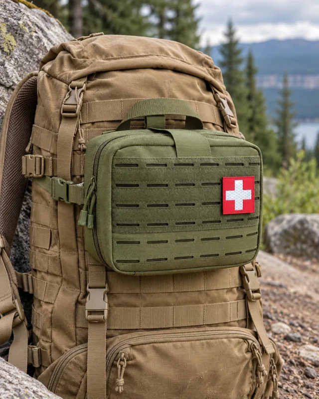 Green first-aid bag strapped to the MOLLE webbing of a tan backpack on a trail