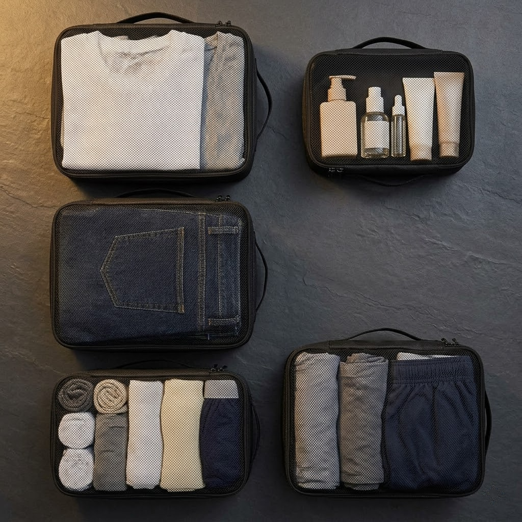 Black packing cubes packed with folded clothes, each size in its own cube