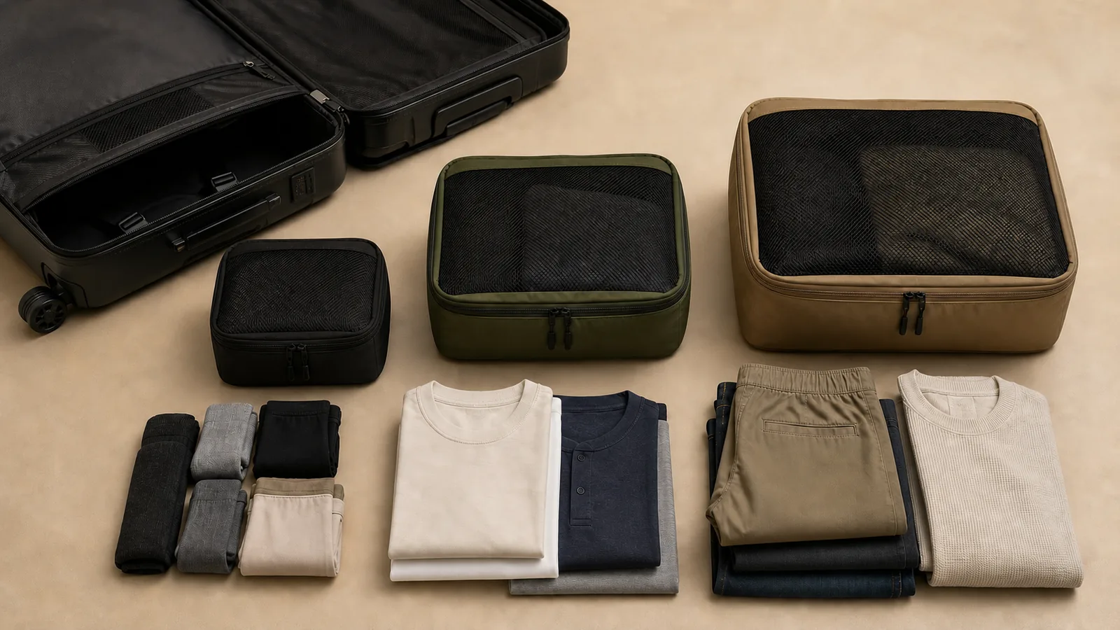 Small black, medium olive, and large tan unbranded packing cubes beside folded travel clothing and an open carry-on suitcase