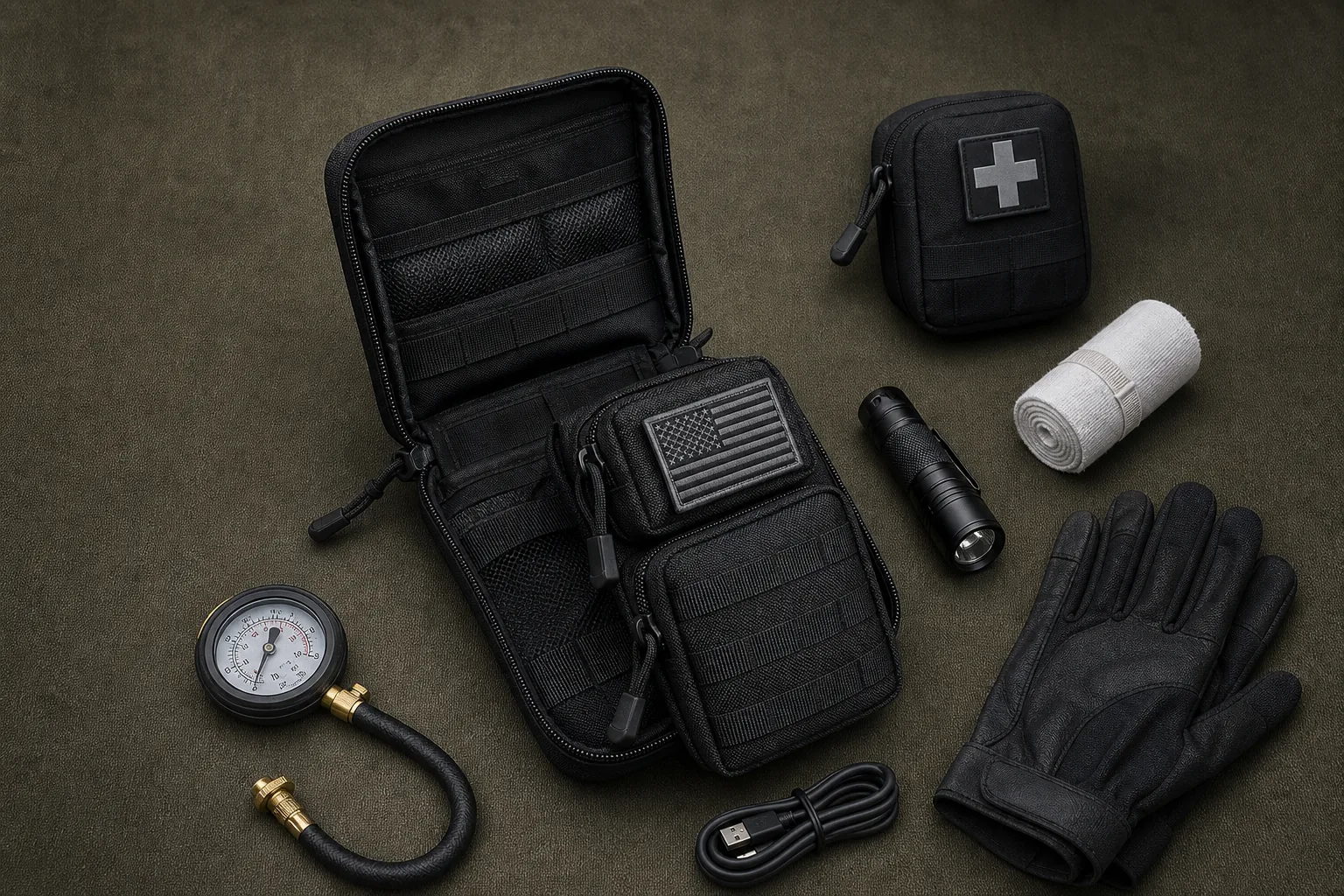 Black tactical EDC pouch laid out beside a separate first-aid kit, flashlight, tire gauge, cable, gauze, and gloves