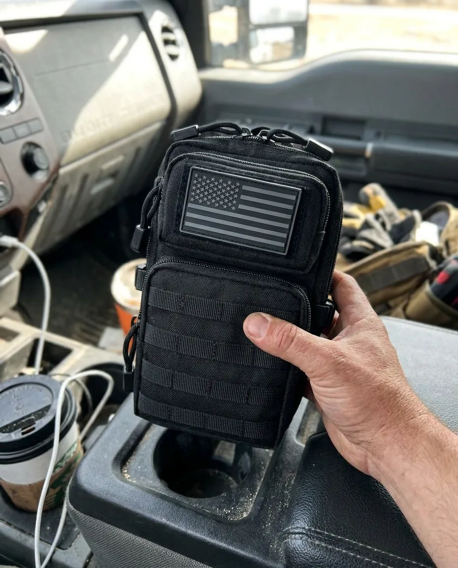 Compact tactical EDC pouch being grabbed for everyday small-gear organization