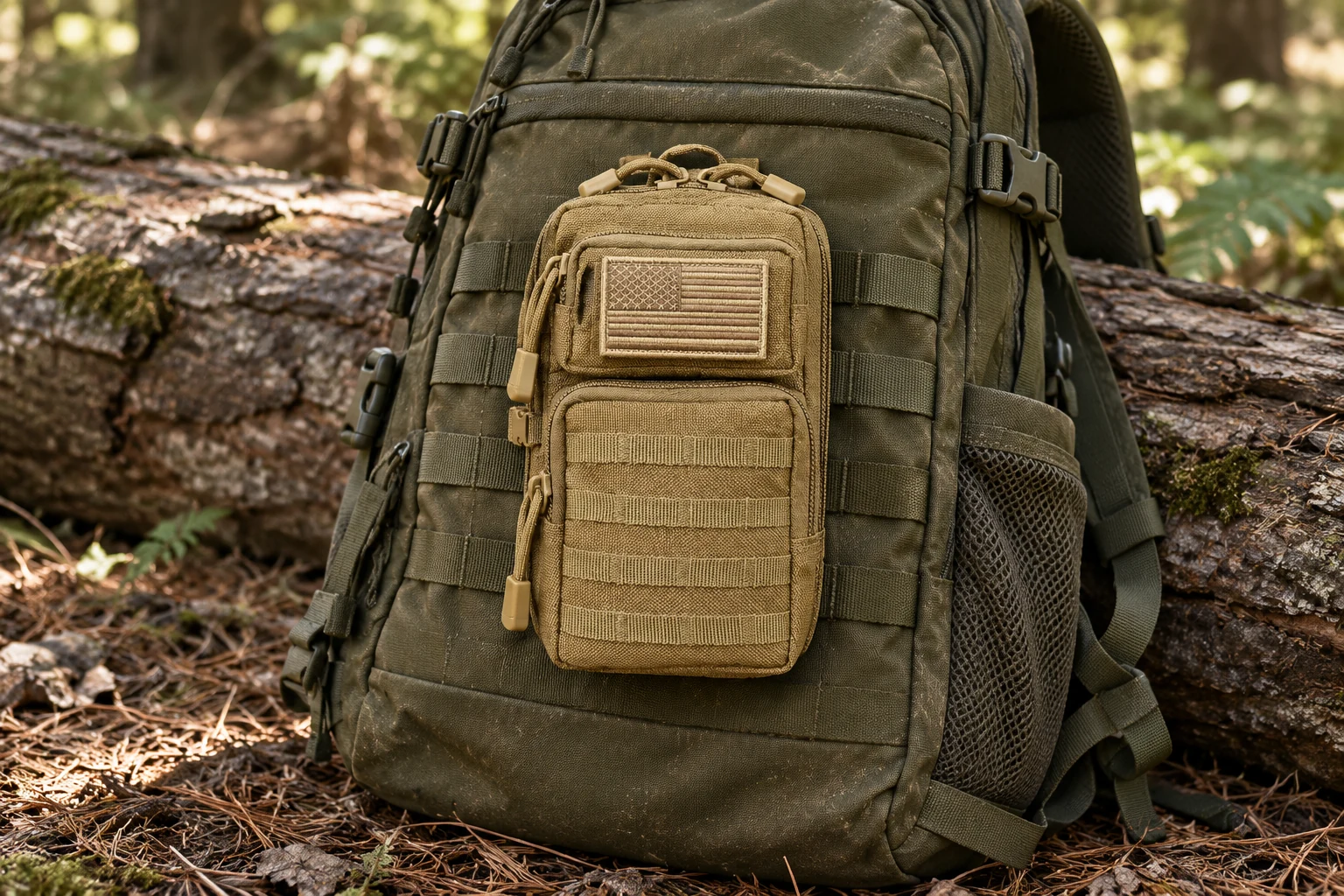 CobaltNook pouch attached to the webbing of a backpack