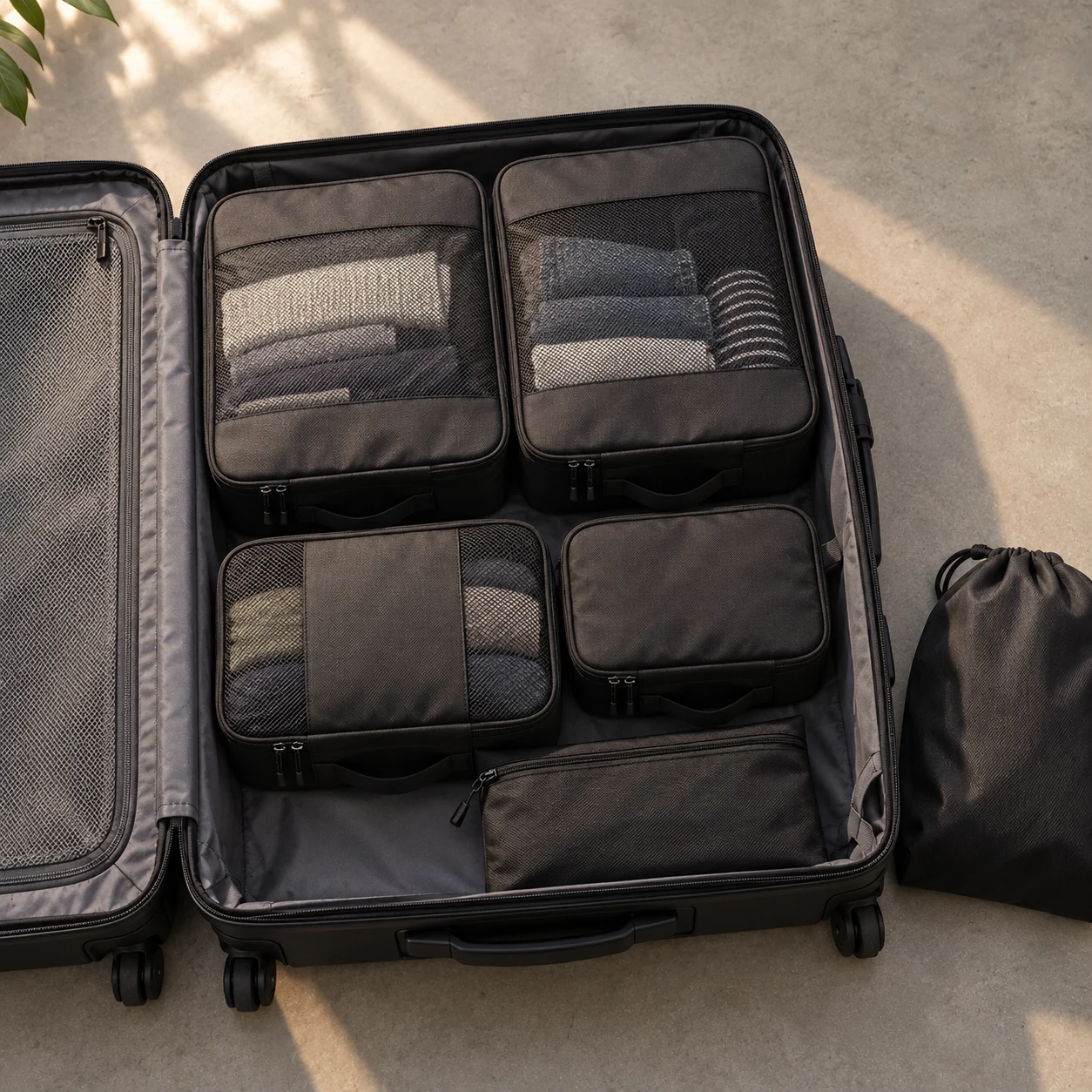 Black large, medium and small packing cubes arranged inside an open suitcase