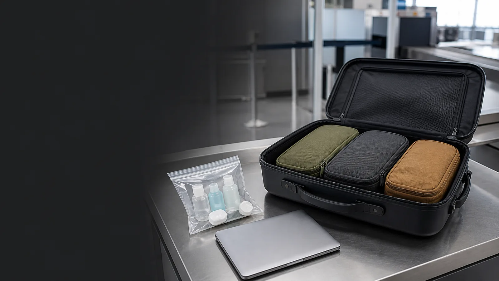 Open carry-on with olive, charcoal, and tan packing cubes beside a clear liquids bag and laptop at airport security