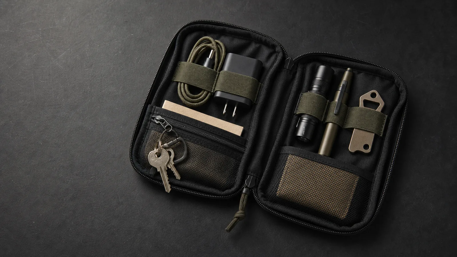 Open unbranded black EDC pouch with charging cable, adapter, flashlight, pen, keys, and small tools arranged in clear zones