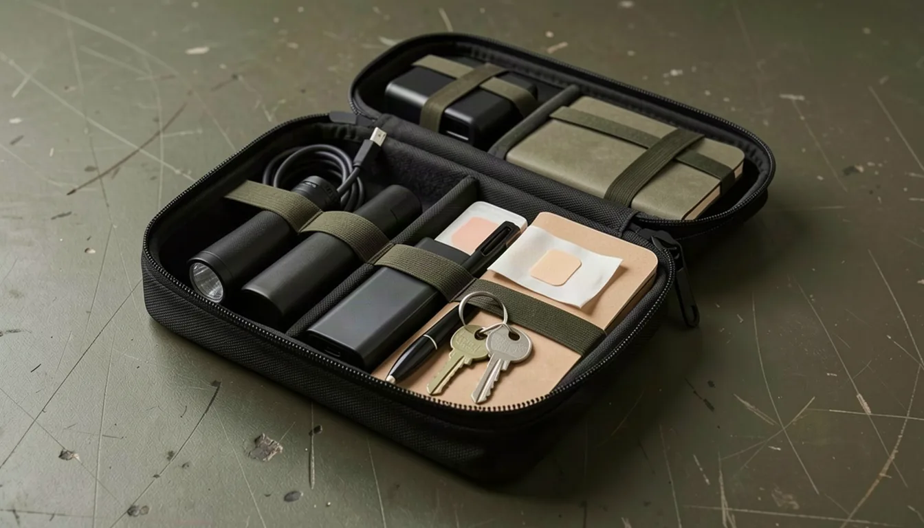 Open black EDC organizer pouch with a flashlight, charging cable, power bank, pen, notebook, keys, bandages, and microfiber cloth