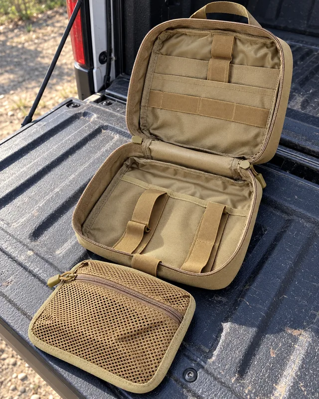 Khaki first-aid bag unzipped flat on a tailgate, empty: elastic straps on both halves and a mesh zip pouch