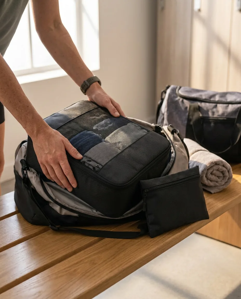 Gym-to-weekend travel setup with CobaltNook packing cube and practical travel essentials