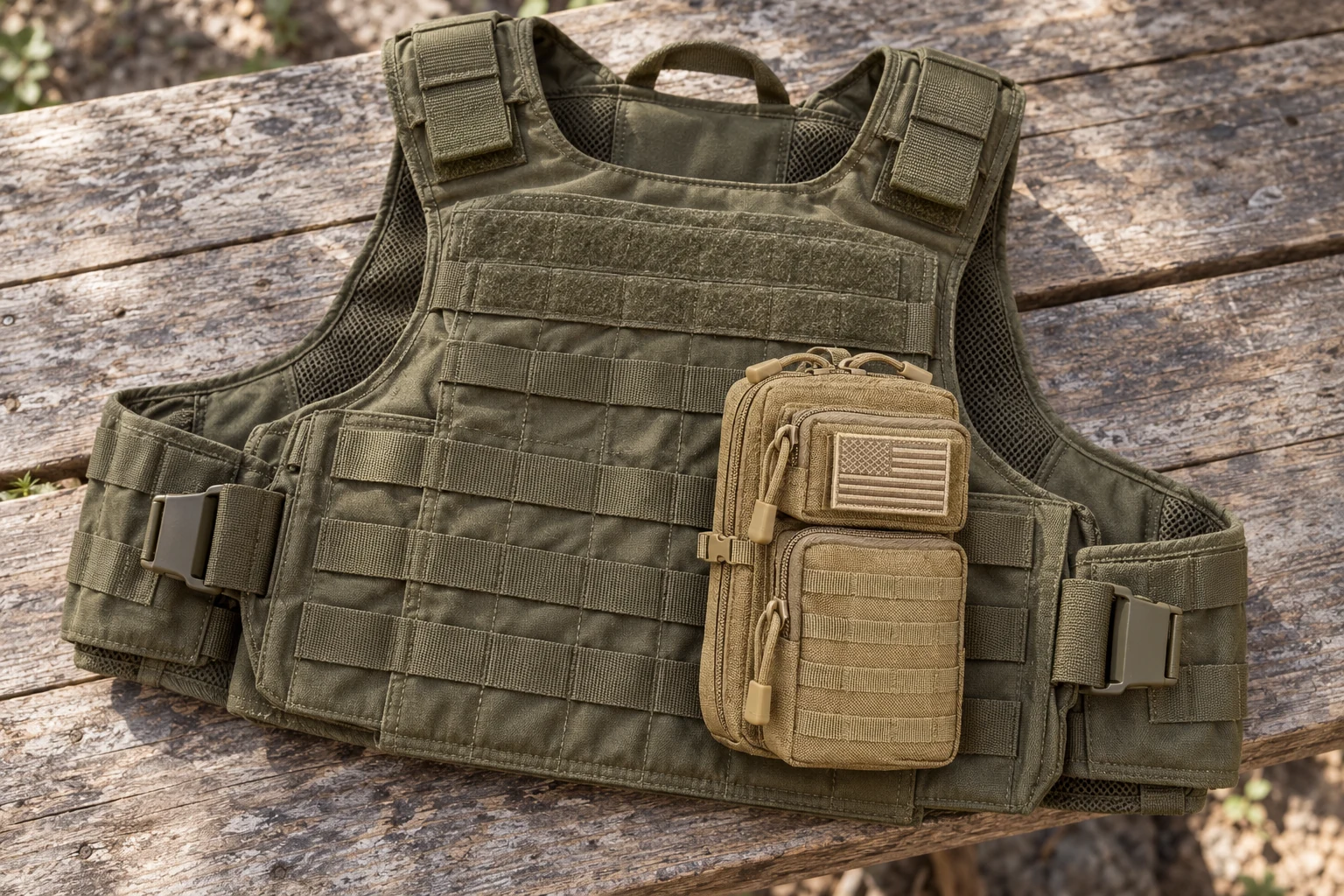 Khaki CobaltNook pouch mounted on the webbing of a tactical vest