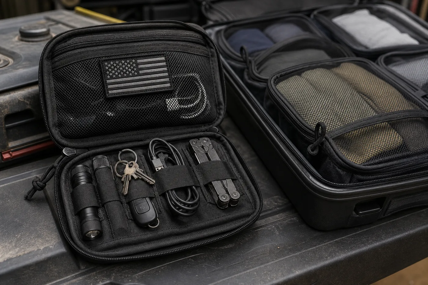 Open black MOLLE pouch holding a flashlight, keys, cables, and a compact tool, with packing cubes of folded clothes behind it