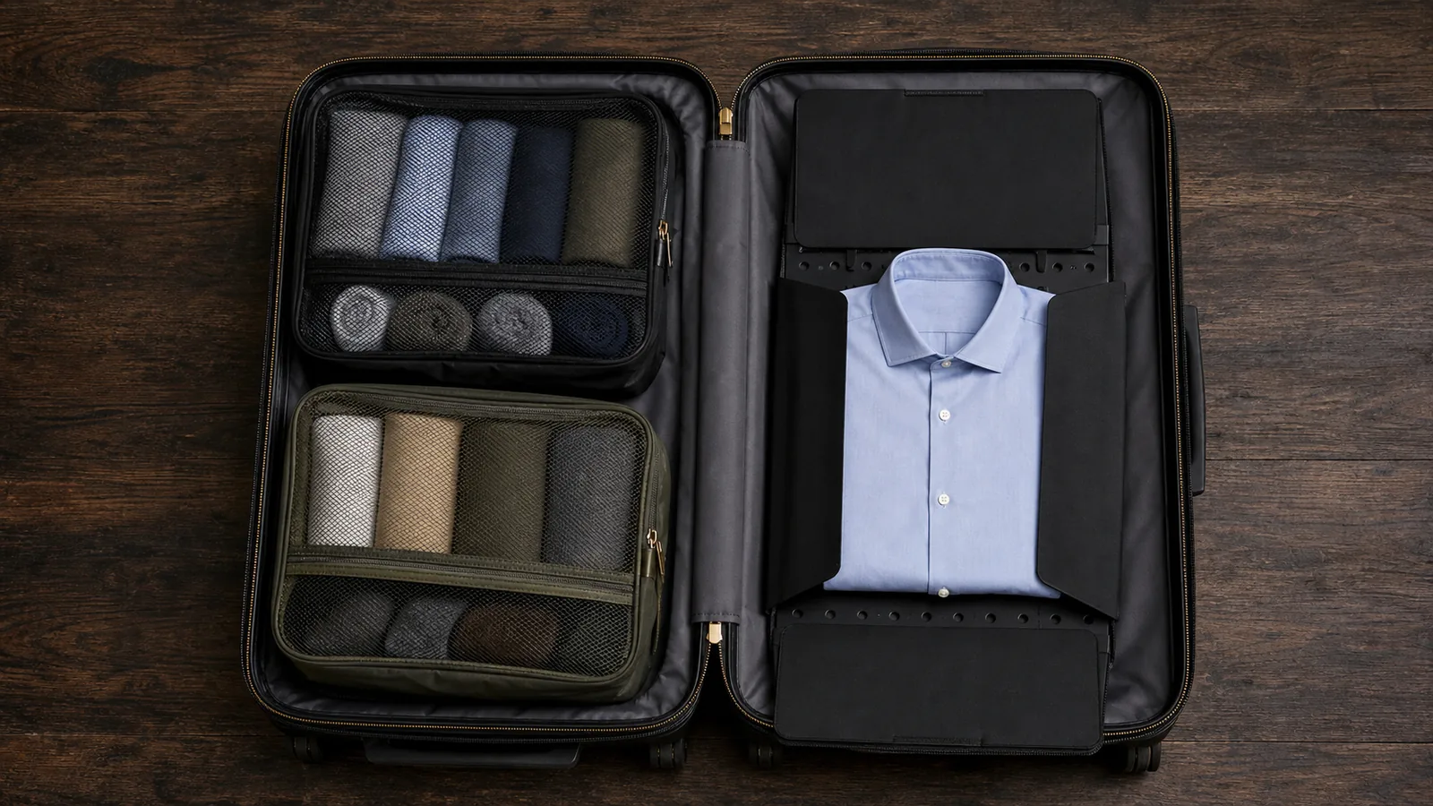 Open carry-on with black and olive packing cubes beside a flat garment folder holding a blue dress shirt