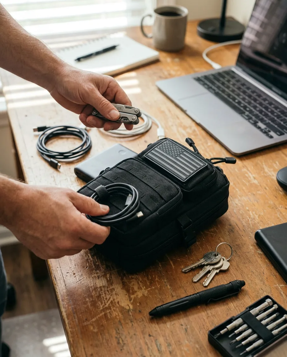 Black tactical EDC pouch laid out with dry travel essentials beside a work bag