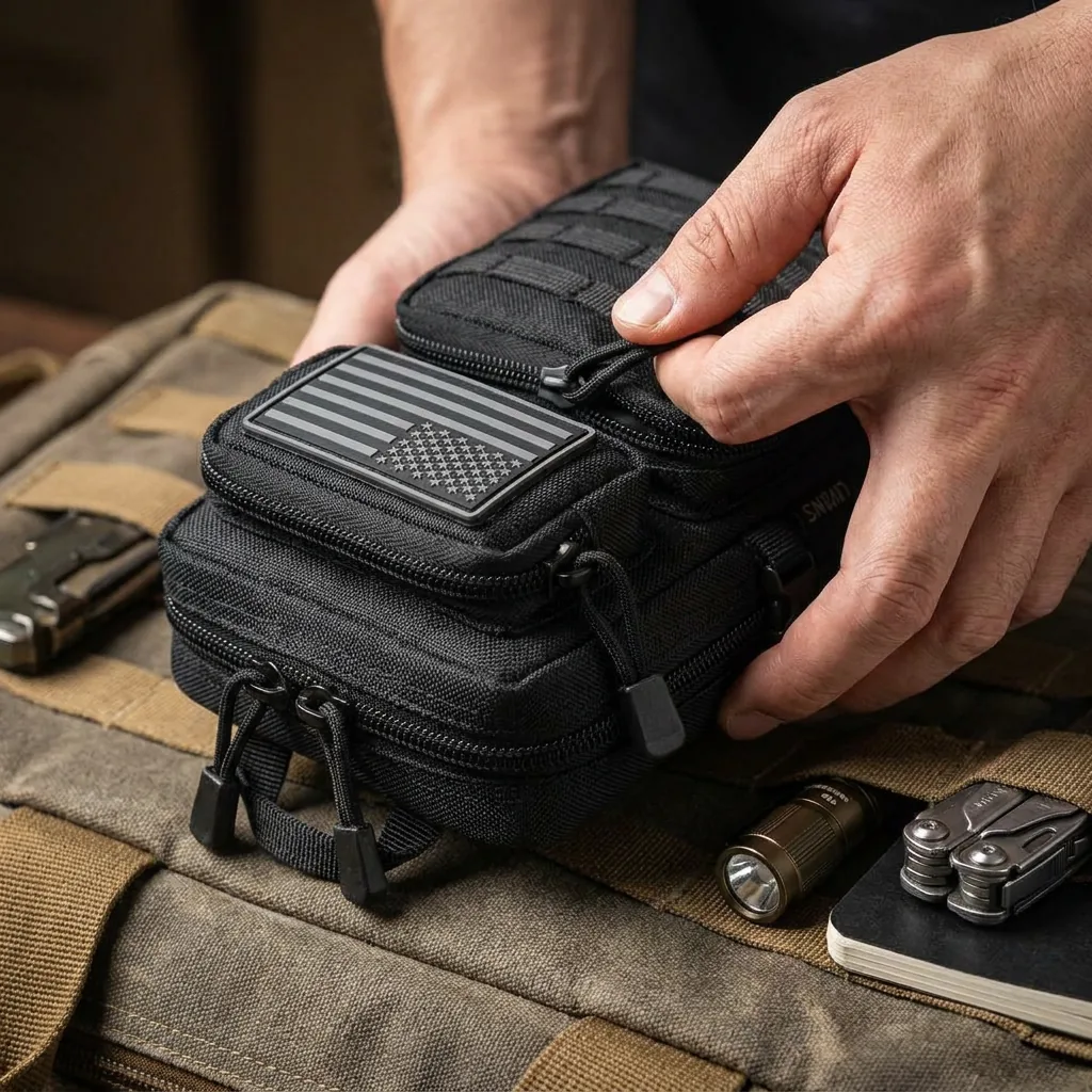 Hand closing a compact tactical pouch after organizing everyday work-bag gear