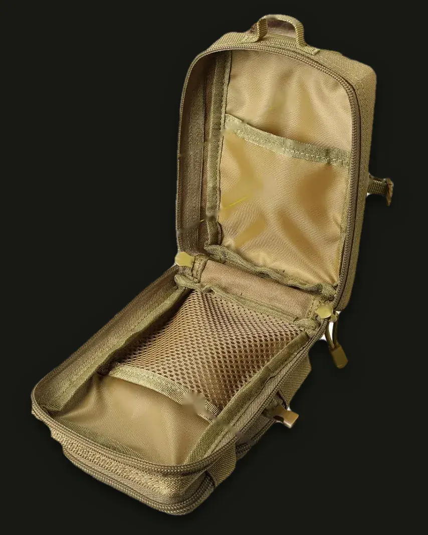 Khaki CobaltNook MOLLE pouch opened flat, showing its nylon pocket, mesh pocket and main compartment