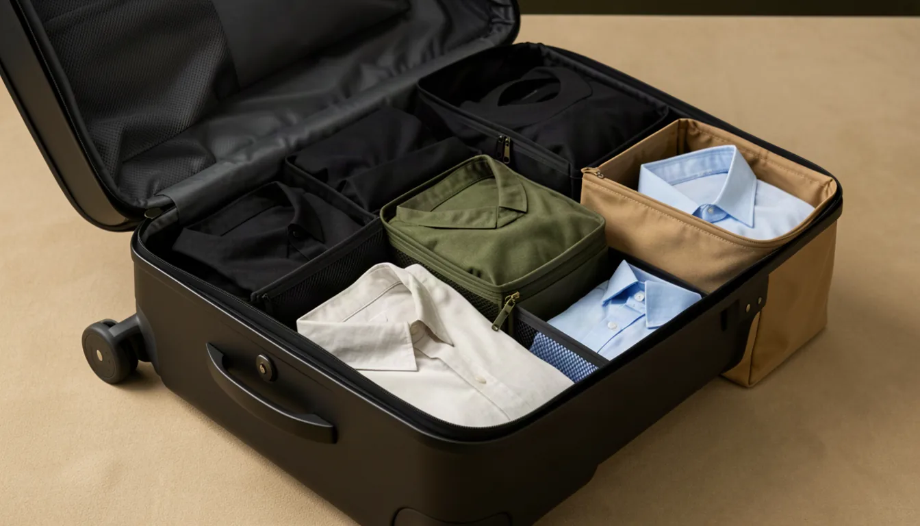 Open black carry-on with distinct black, olive, and tan packing cubes holding neatly folded unbranded shirts