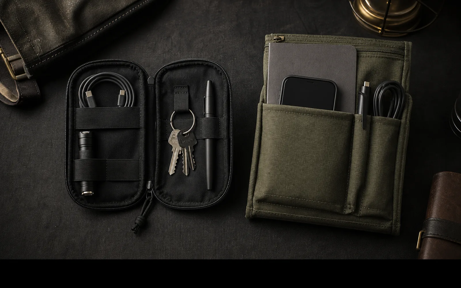 Open black EDC pouch beside an olive bag organizer insert with a notebook, phone, pen, cable, keys, and flashlight