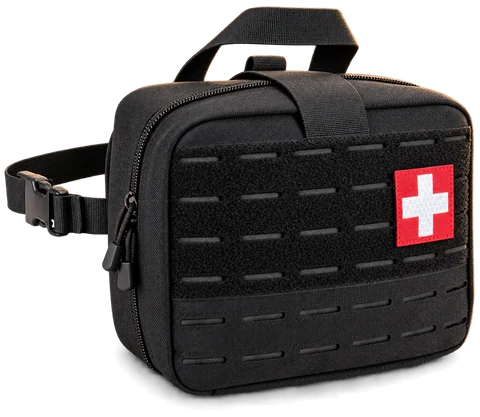 Black MOLLE first-aid bag, closed, with a red cross patch