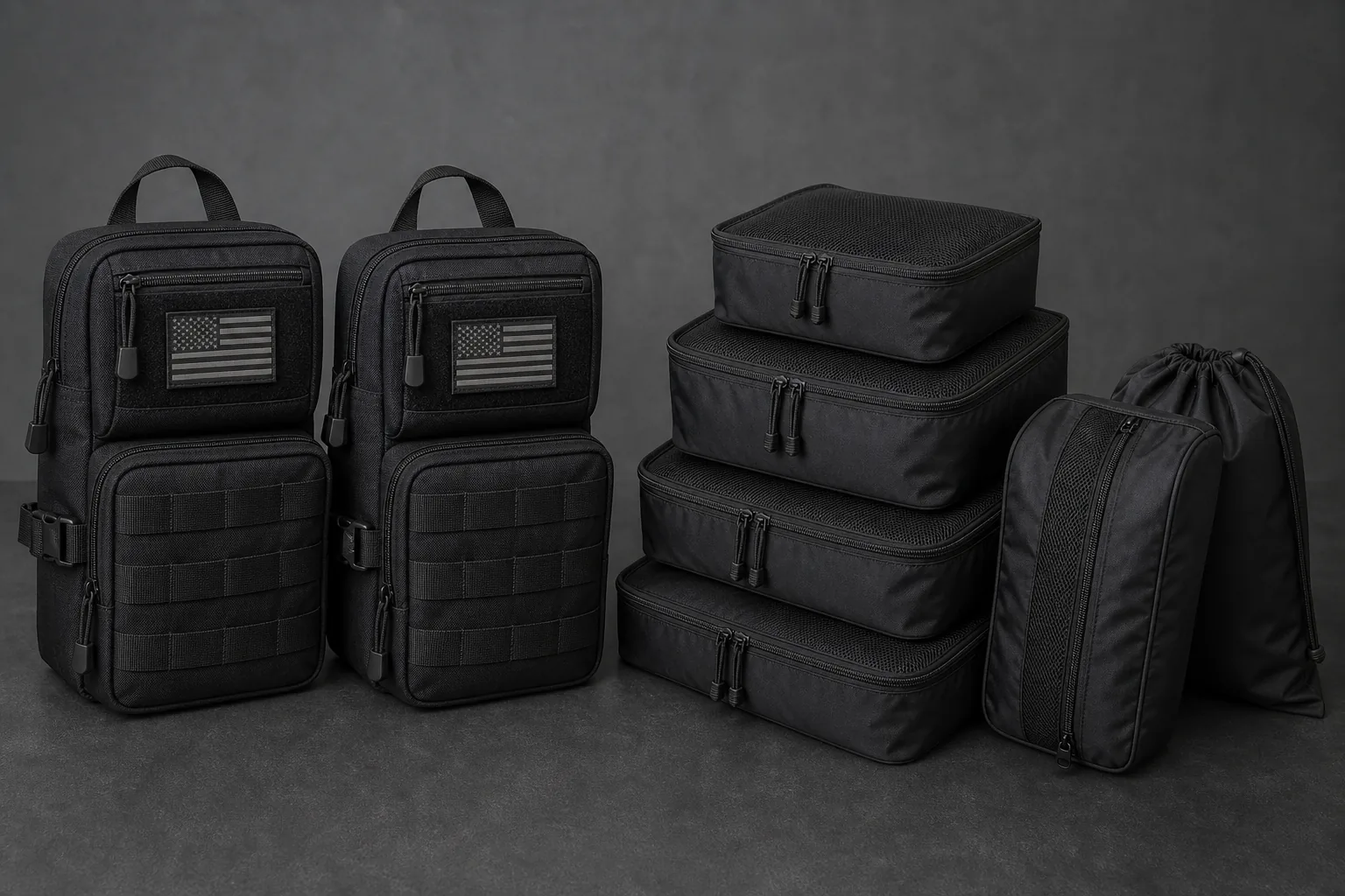 Black CobaltNook 2-pack MOLLE organizer pouches beside a black 8-set packing cube kit