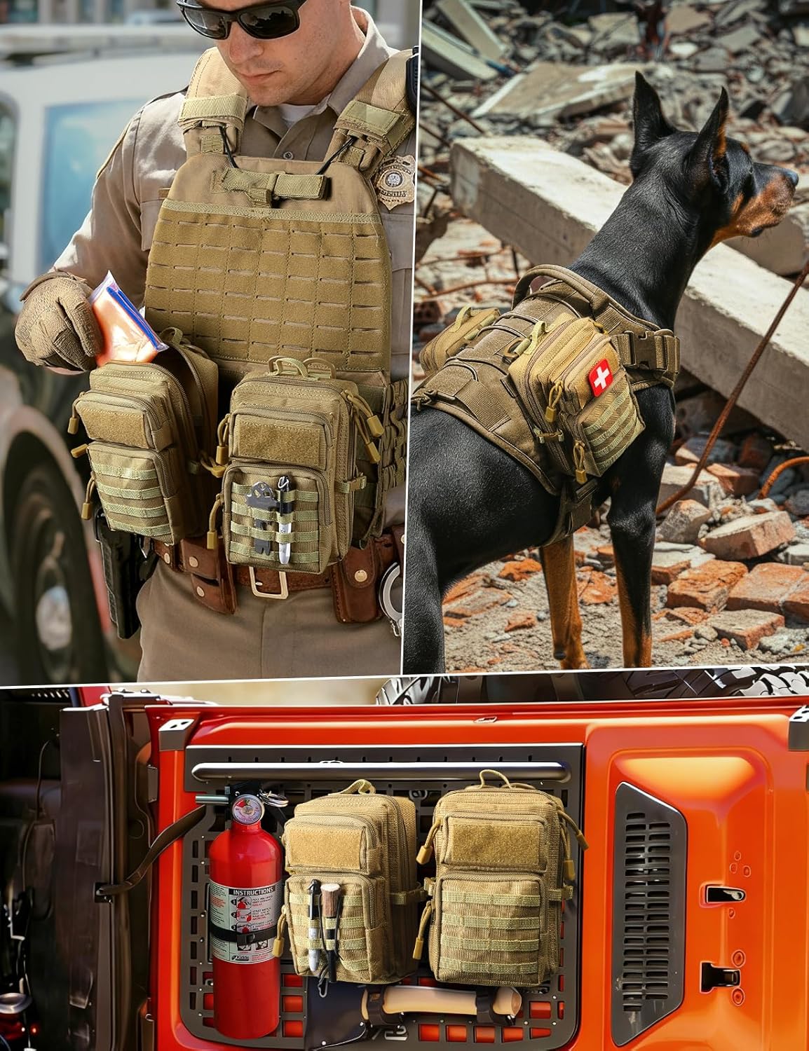 Khaki MOLLE pouches shown on vest, dog harness, and vehicle panel as field mounting examples