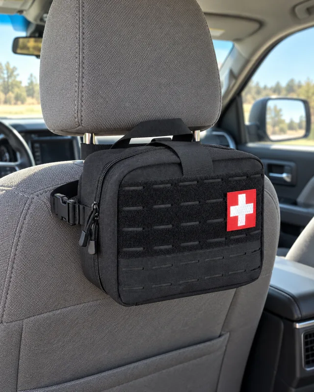 Black first-aid bag hanging on the back of a pickup truck seat headrest