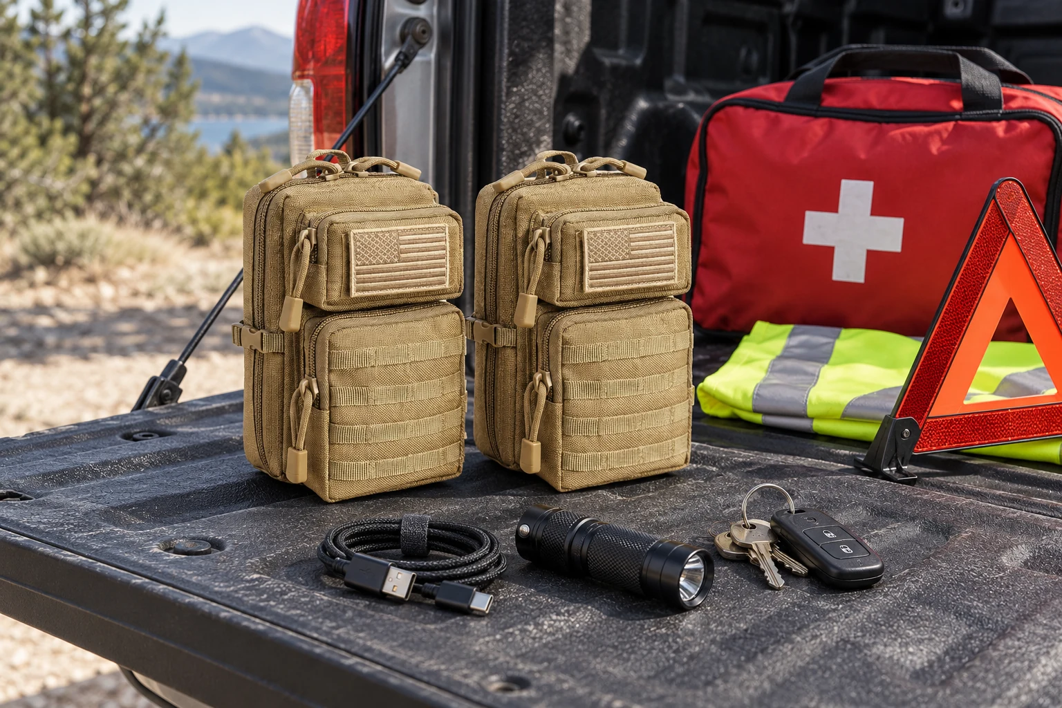 Two khaki CobaltNook pouches and small everyday gear on a pickup tailgate beside a separate emergency kit