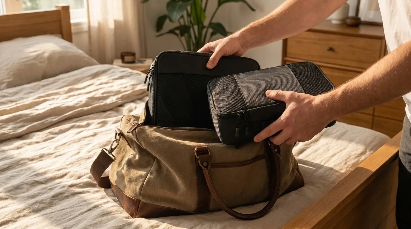 Weekend duffel being packed with CobaltNook packing cubes by a travel creator