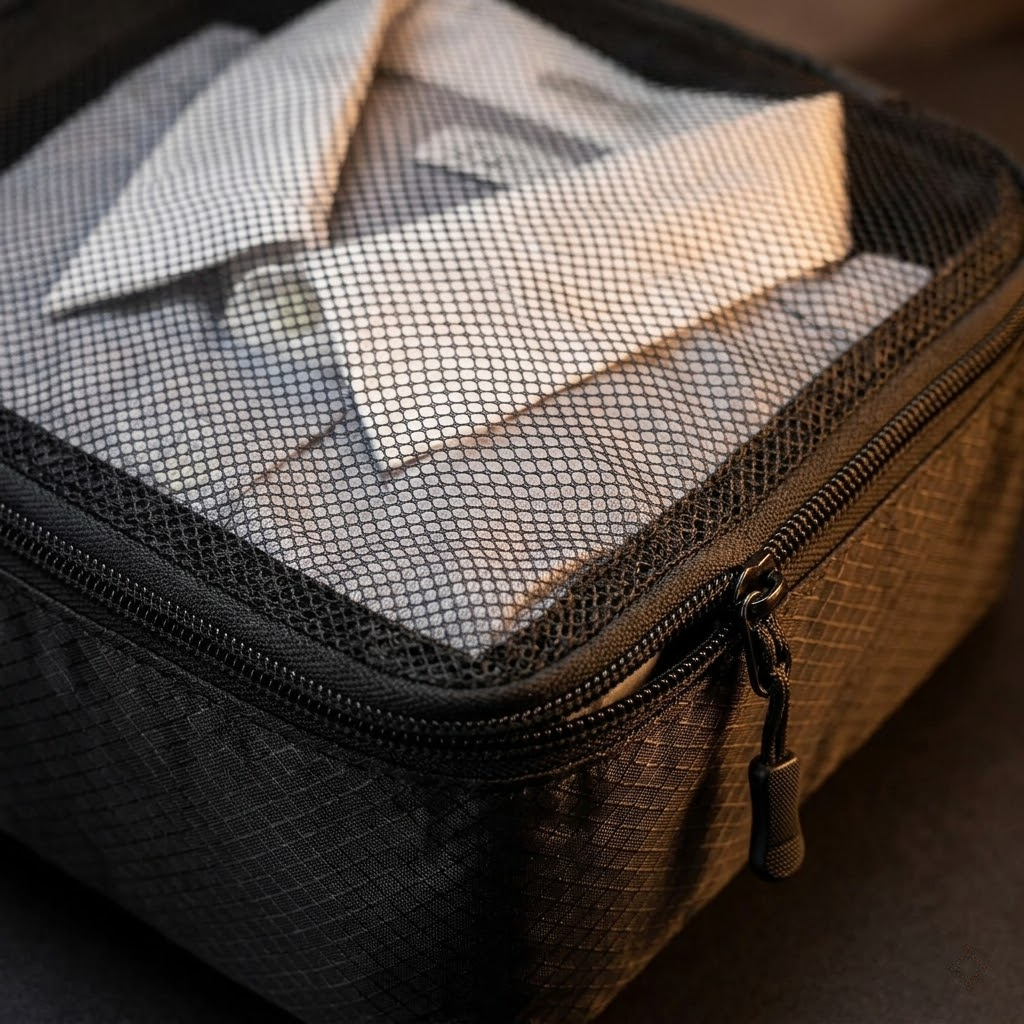 Mesh top panel on a CobaltNook packing cube showing clothes inside
